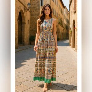 Maison Tara Womens Printed Bohemian Maxi Dress Size 4 Watercolor A Line Travel